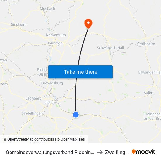 Gemeindeverwaltungsverband Plochingen to Zweiflingen map