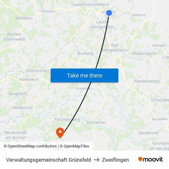 Verwaltungsgemeinschaft Grünsfeld to Zweiflingen map