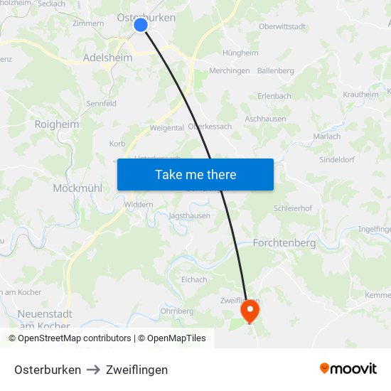 Osterburken to Zweiflingen map