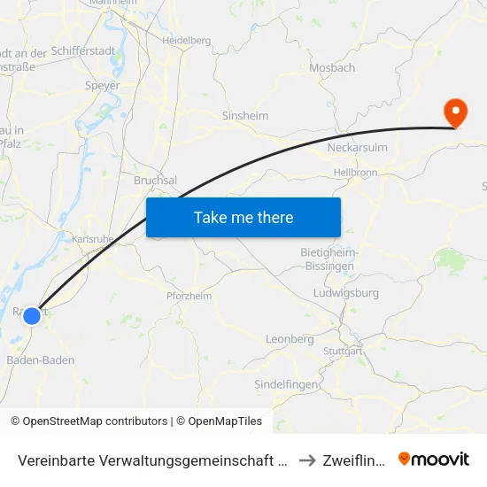 Vereinbarte Verwaltungsgemeinschaft Rastatt to Zweiflingen map