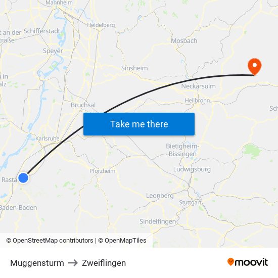 Muggensturm to Zweiflingen map