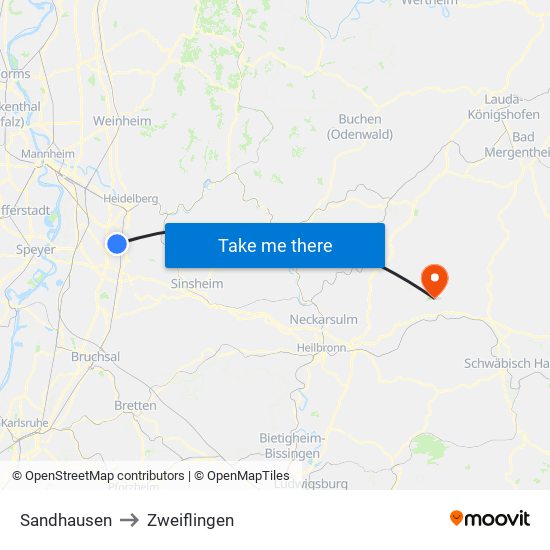 Sandhausen to Zweiflingen map