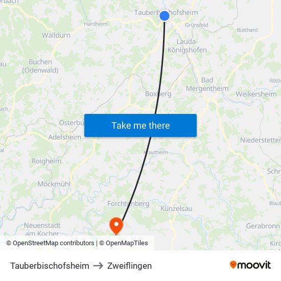 Tauberbischofsheim to Zweiflingen map