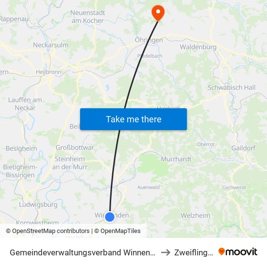 Gemeindeverwaltungsverband Winnenden to Zweiflingen map