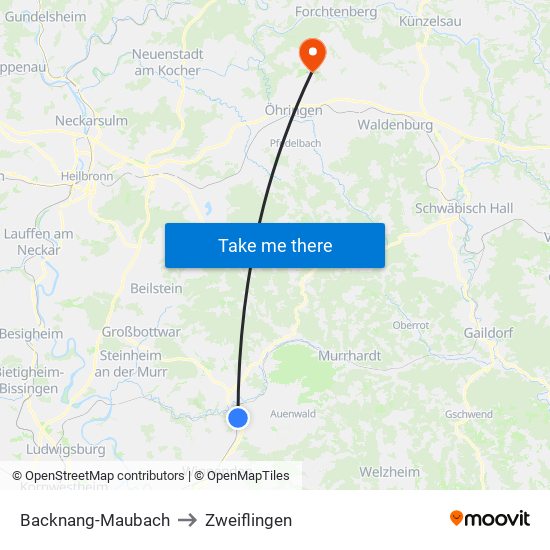 Backnang-Maubach to Zweiflingen map