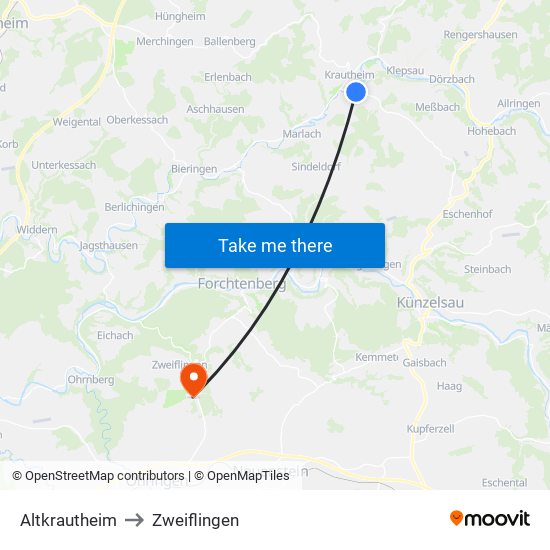 Altkrautheim to Zweiflingen map