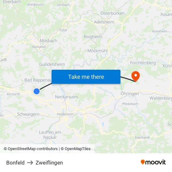 Bonfeld to Zweiflingen map