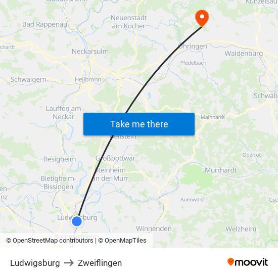 Ludwigsburg to Zweiflingen map