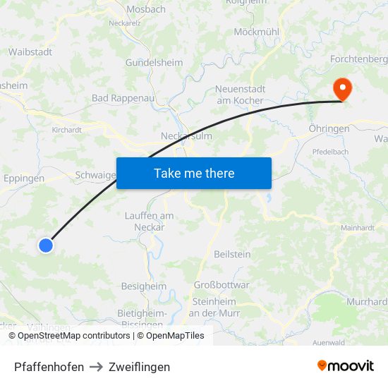 Pfaffenhofen to Zweiflingen map