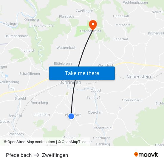 Pfedelbach to Zweiflingen map