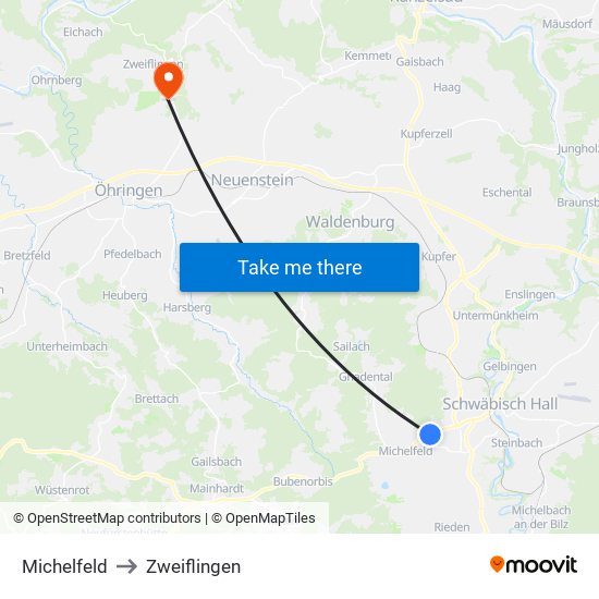Michelfeld to Zweiflingen map