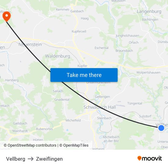 Vellberg to Zweiflingen map