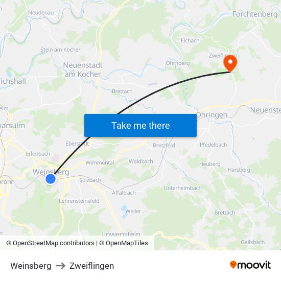 Weinsberg to Zweiflingen map