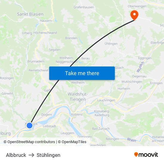 Albbruck to Stühlingen map