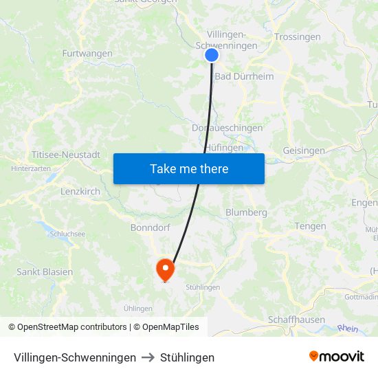 Villingen-Schwenningen to Stühlingen map