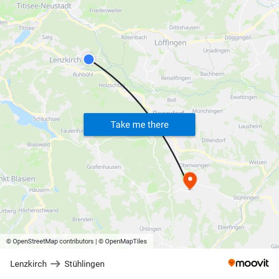 Lenzkirch to Stühlingen map