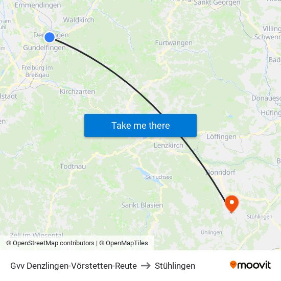 Gvv Denzlingen-Vörstetten-Reute to Stühlingen map