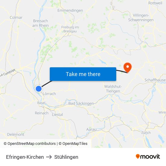 Efringen-Kirchen to Stühlingen map