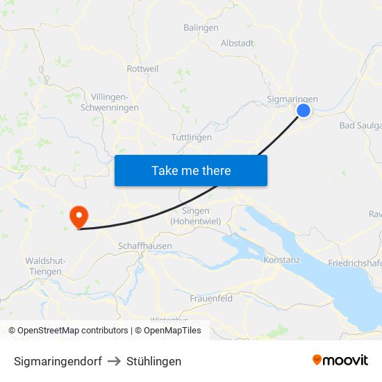Sigmaringendorf to Stühlingen map