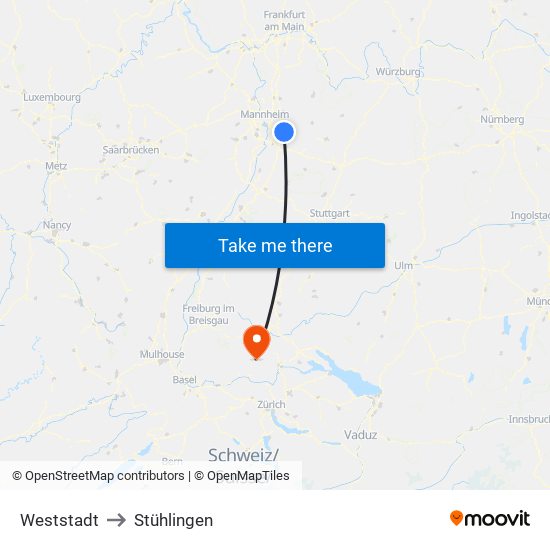 Weststadt to Stühlingen map