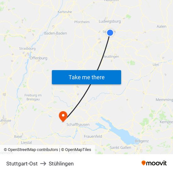 Stuttgart-Ost to Stühlingen map