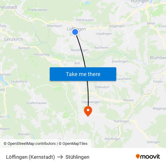 Löffingen (Kernstadt) to Stühlingen map