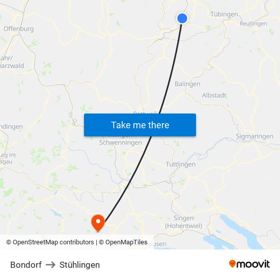 Bondorf to Stühlingen map