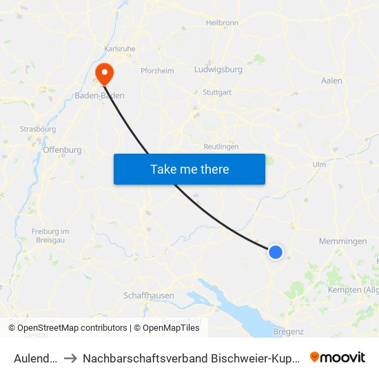 Aulendorf to Nachbarschaftsverband Bischweier-Kuppenheim map