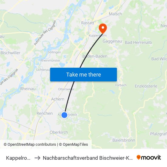 Kappelrodeck to Nachbarschaftsverband Bischweier-Kuppenheim map