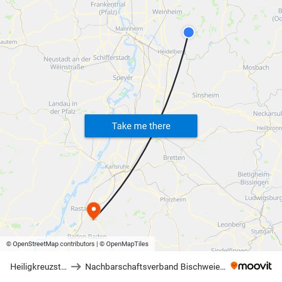 Heiligkreuzsteinach to Nachbarschaftsverband Bischweier-Kuppenheim map