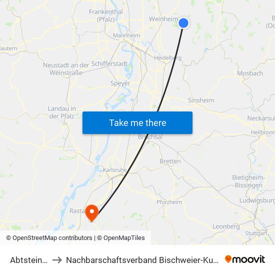 Abtsteinach to Nachbarschaftsverband Bischweier-Kuppenheim map