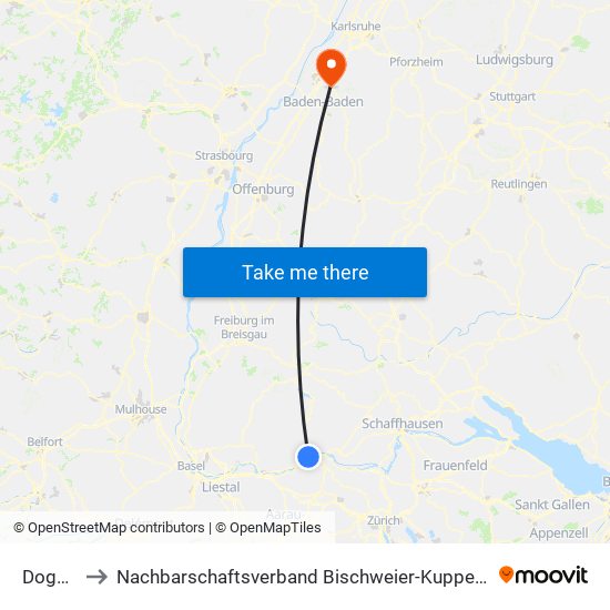 Dogern to Nachbarschaftsverband Bischweier-Kuppenheim map