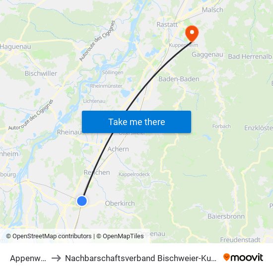 Appenweier to Nachbarschaftsverband Bischweier-Kuppenheim map