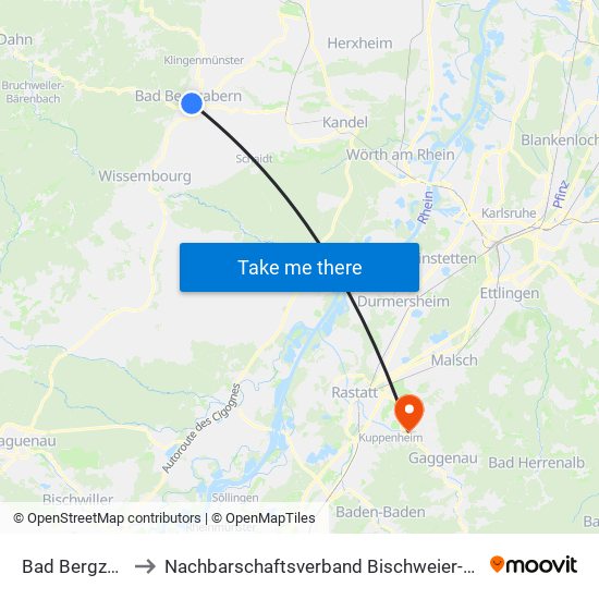 Bad Bergzabern to Nachbarschaftsverband Bischweier-Kuppenheim map