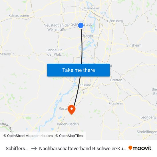 Schifferstadt to Nachbarschaftsverband Bischweier-Kuppenheim map