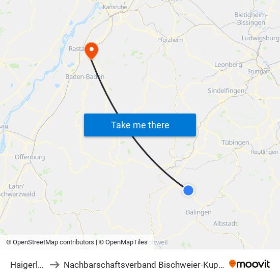 Haigerloch to Nachbarschaftsverband Bischweier-Kuppenheim map