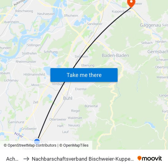 Achern to Nachbarschaftsverband Bischweier-Kuppenheim map