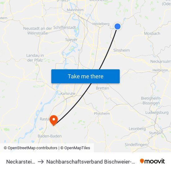 Neckarsteinach to Nachbarschaftsverband Bischweier-Kuppenheim map