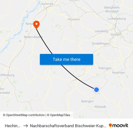 Hechingen to Nachbarschaftsverband Bischweier-Kuppenheim map
