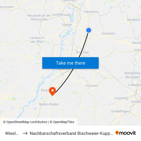 Wiesloch to Nachbarschaftsverband Bischweier-Kuppenheim map