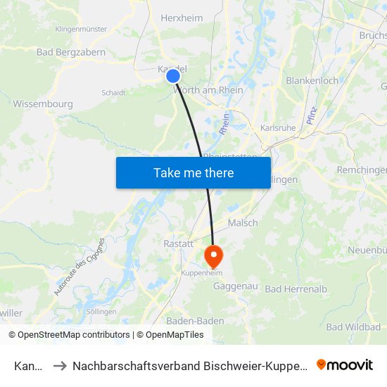 Kandel to Nachbarschaftsverband Bischweier-Kuppenheim map