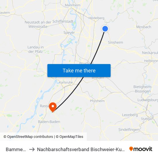 Bammental to Nachbarschaftsverband Bischweier-Kuppenheim map