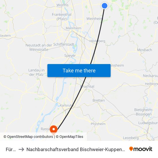 Fürth to Nachbarschaftsverband Bischweier-Kuppenheim map