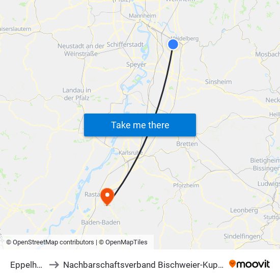 Eppelheim to Nachbarschaftsverband Bischweier-Kuppenheim map
