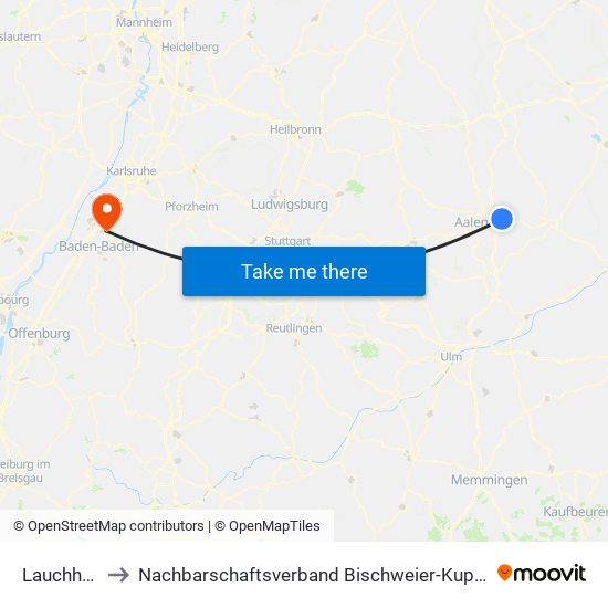 Lauchheim to Nachbarschaftsverband Bischweier-Kuppenheim map