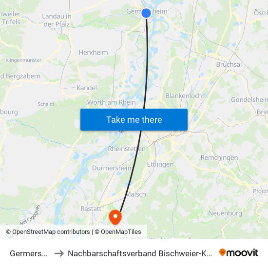 Germersheim to Nachbarschaftsverband Bischweier-Kuppenheim map