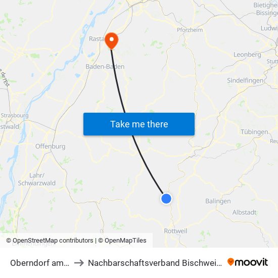 Oberndorf am Neckar to Nachbarschaftsverband Bischweier-Kuppenheim map