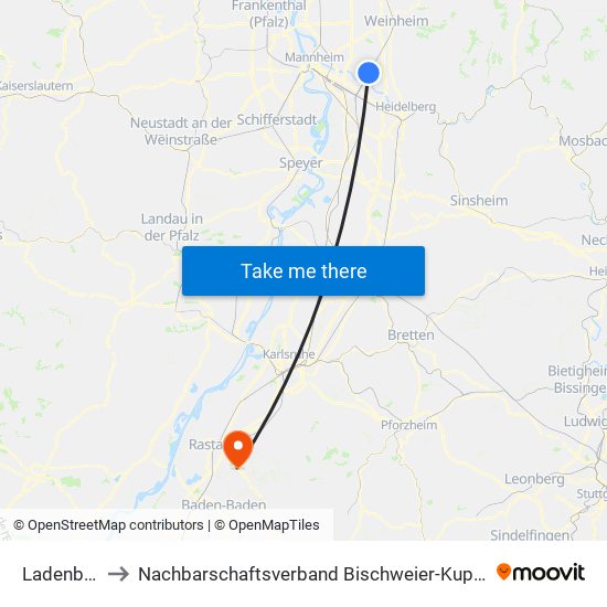 Ladenburg to Nachbarschaftsverband Bischweier-Kuppenheim map