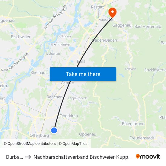 Durbach to Nachbarschaftsverband Bischweier-Kuppenheim map