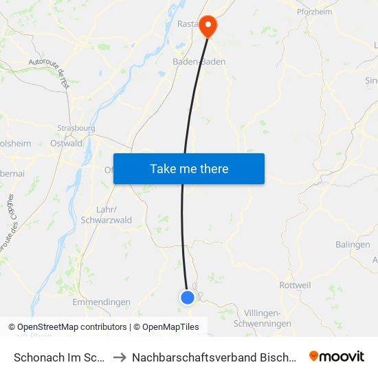 Schonach Im Schwarzwald to Nachbarschaftsverband Bischweier-Kuppenheim map
